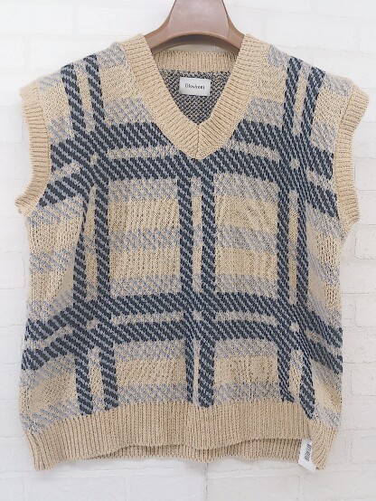◇ Diosfront ディオスフロント チェック 半袖 ニット ベスト サイズF ベージュ系 ブラック グレー系 レディース P拍卖