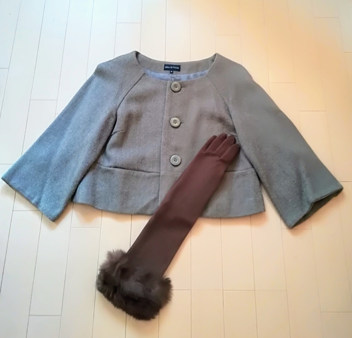 pour la frime プーラフリーム ジャケット ハーフコート レディース グレー 7部袖拍卖