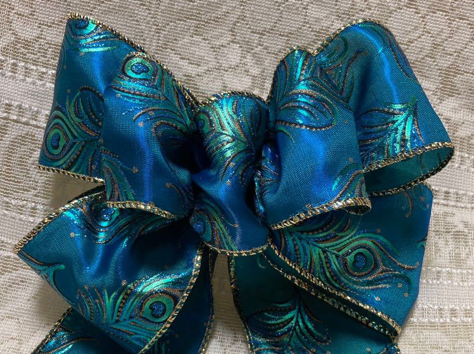 15.クリスマスリース スワッグ ハンドメイド リボン完成品 7ループ 孔雀3 ピーコック 羽 孔雀の羽 エメラルド拍卖