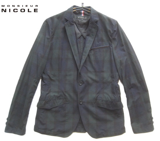 美品!!ムッシュニコル MONSIEUR NICOLE*チェック柄コットン段返り3つボタンジャケット 48 実寸M 紺×黒拍卖