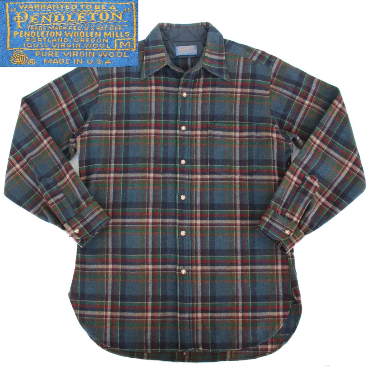 (33633)良品70s PENDLETONペンドルトンMADE IN USAウール チェックシャツM (ネルシャツ アメリカ紺緑ウールシャツ長袖ヴィンテージ70年代)拍卖
