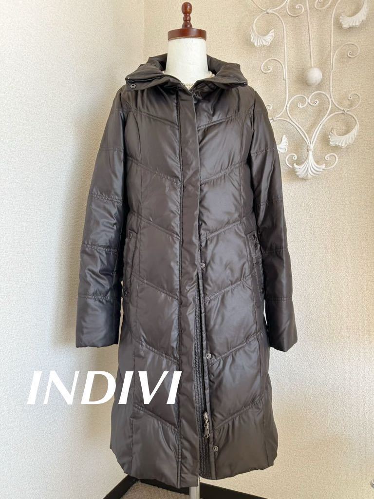 送料無料 即決 INDIVI インディヴィ ダウン ロングコート サイズ38 ベルト付 ダークブラウン 茶 コート アウター ロング ジャケット拍卖