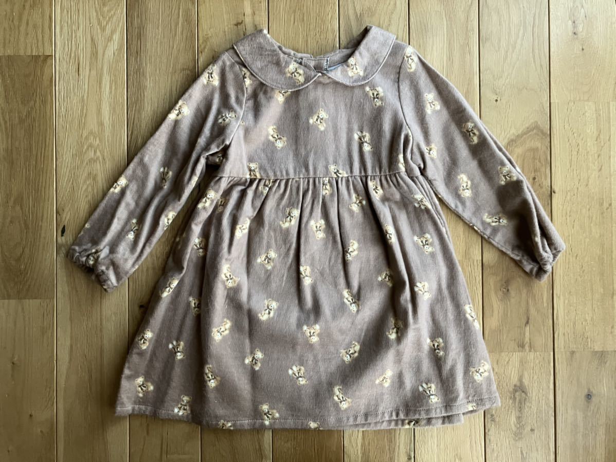 新品 西松屋 薄手起毛 襟付き長袖 ワンピース ブラウン クマ 95センチ拍卖