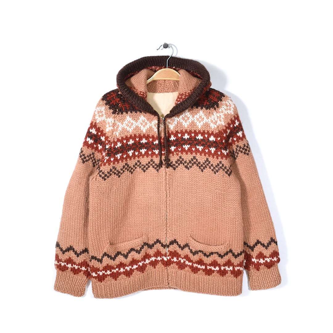 【送料無料】60s ヴィンテージ カウチンセーター フード付き ブラウンベース 肉厚ウールセーター ライトニングジッパー S相当 古着 @CH1024拍卖