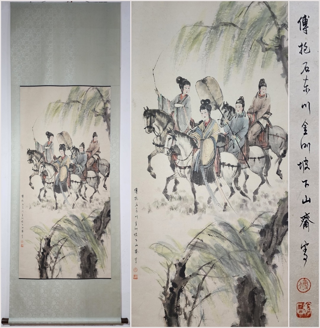 古美術 掛け軸 中国・近現代 傅抱石書 「仕女出行図」 紙本 立軸 書道 巻き物 真筆逸品 肉筆保証 唐物 古画 LT-12020拍卖