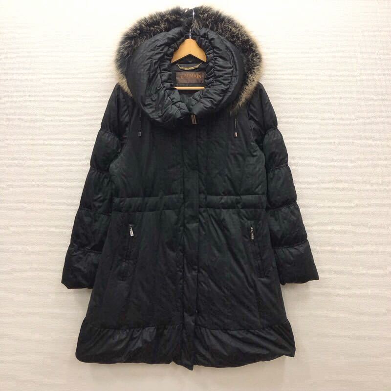 【し006】BALMAIN チェック柄ダウンコート Mサイズ ブラック 膝上丈 フード付き リアルファー ボリューム襟 ブランド古着 バルマン送料無料拍卖