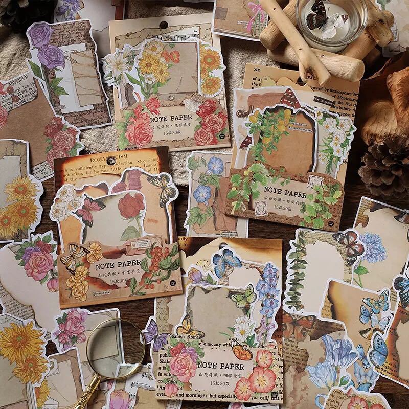 新品 紙もの 4種 コラージュ スクラップブッキング ジャーナル素材 おすそ分けファイル ヴィンテージ 花 植物 紙モノ拍卖
