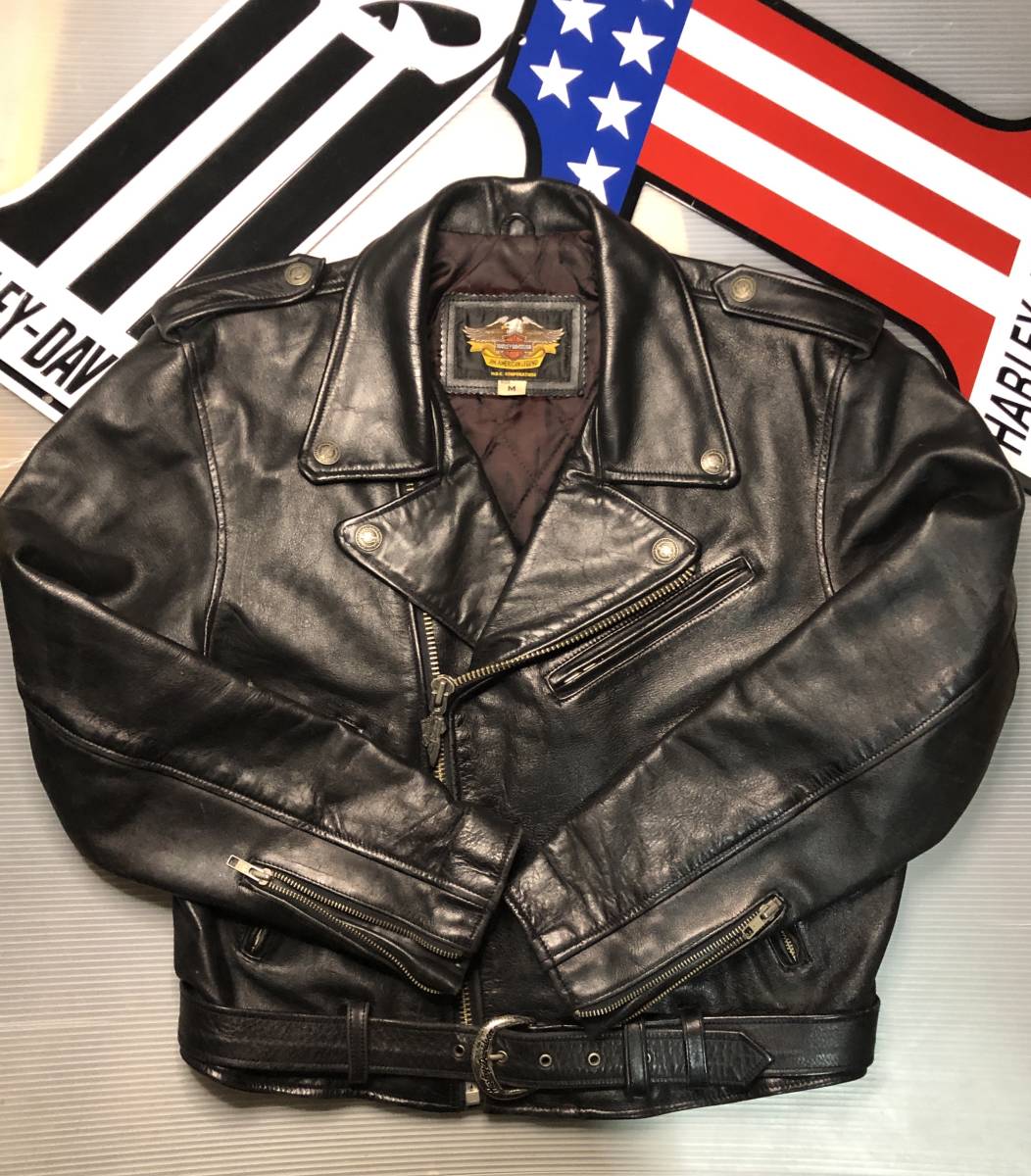 【ザ黒革Wの革ジャン程好い革慣れ感が最高!】ハーレーダビッドソン 本革製 ライダースジャケット ★世界中の芸能人御用達H-Dアイテム!拍卖