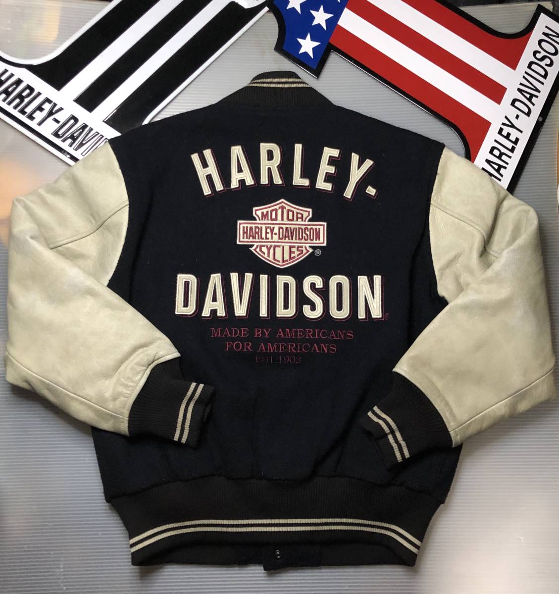 【希少限定品!入手困難】美品★ハーレーダビッドソン ライダースジャケット 牛本革製両袖&ウール生地コンビ★拍卖