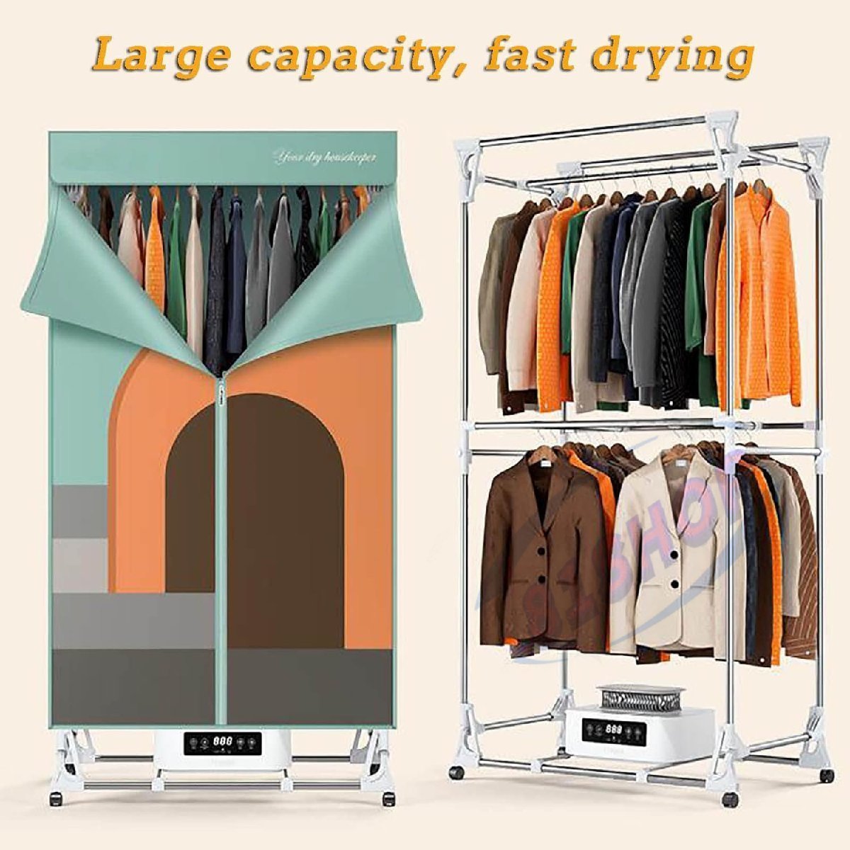 折りたたみ式電動ポータブル乾燥機、240min タイマー、5 速度調整可能 自動電源オフ、オックスフォード難燃性生地、リモコン付き拍卖