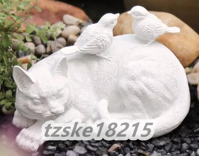 美品 ★白猫と対鳥の置物★インテリア小物★ガーデニング★お庭飾り★造園オーナメント拍卖