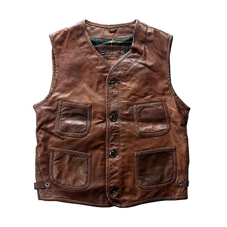 メンズレザー 上品 ジャーキン ベスト 本革 羊革 バイクジャケット ライダース S~3XL ブラウン拍卖
