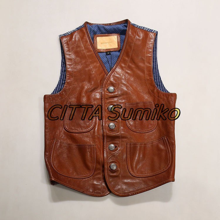 美品★ ヴィンテージ50s 復刻モデル レザージャーキン ベスト 本革 切り替え 羊革 M~4XL ライダース ダークブラウン拍卖