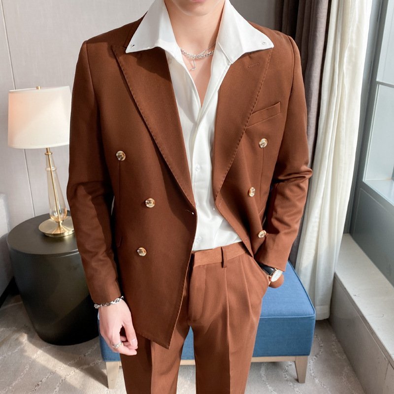 新品 スーツセット ビジネススーツ メンズ ダブルスーツ 上下セット シングルスーツ 高級無地 スリム 二つボタン 紳士 結婚式 珈琲色 M~3XL拍卖