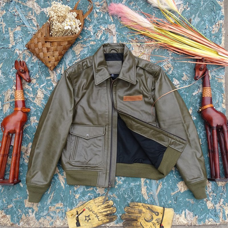 上品 G2 フライトジャケット メンズ 植鞣し牛革 本革ジャケット 革ジャン レザージャケット M~XXL グリーン拍卖