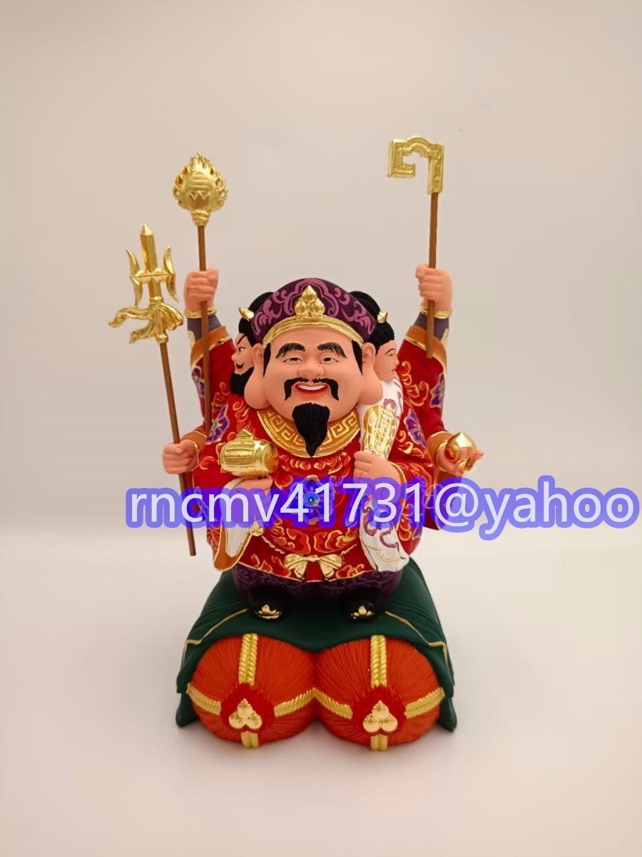 最新作★ 総檜材 木彫仏像 仏教美術 精密細工 彩色 三面大黒天 18cm拍卖