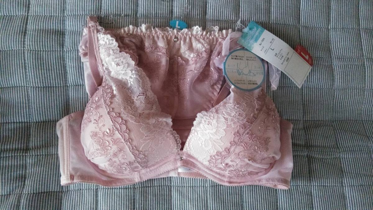 レディース ブラジャー&ショーツ Lサイズ ピンク系地にレース花仕様拍卖