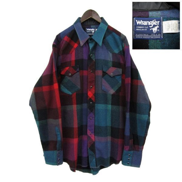 ビッグサイズ X-LONG TAILS 17 1/2×35 USA製 ラングラー Wrangler cowboy cut 長袖シャツ チェック 古着 2F0189拍卖