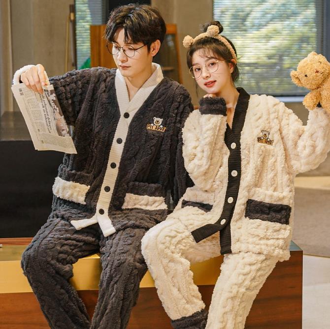 パジャマ メンズ レディース ルームウエア モコモコ 可愛い 寝間着 前開き 上下セット 防寒 冬物 カップル着 X693拍卖