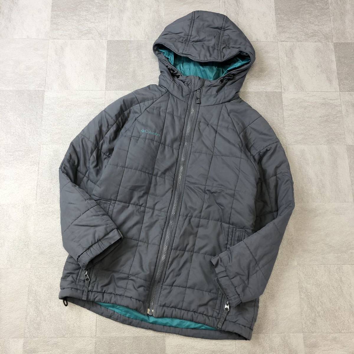 Colombia コロンビア キルティングパーカー キルティングジャケット 中綿ジャケット グレーエメラルドグリーン YOUTHサイズ8 古着拍卖