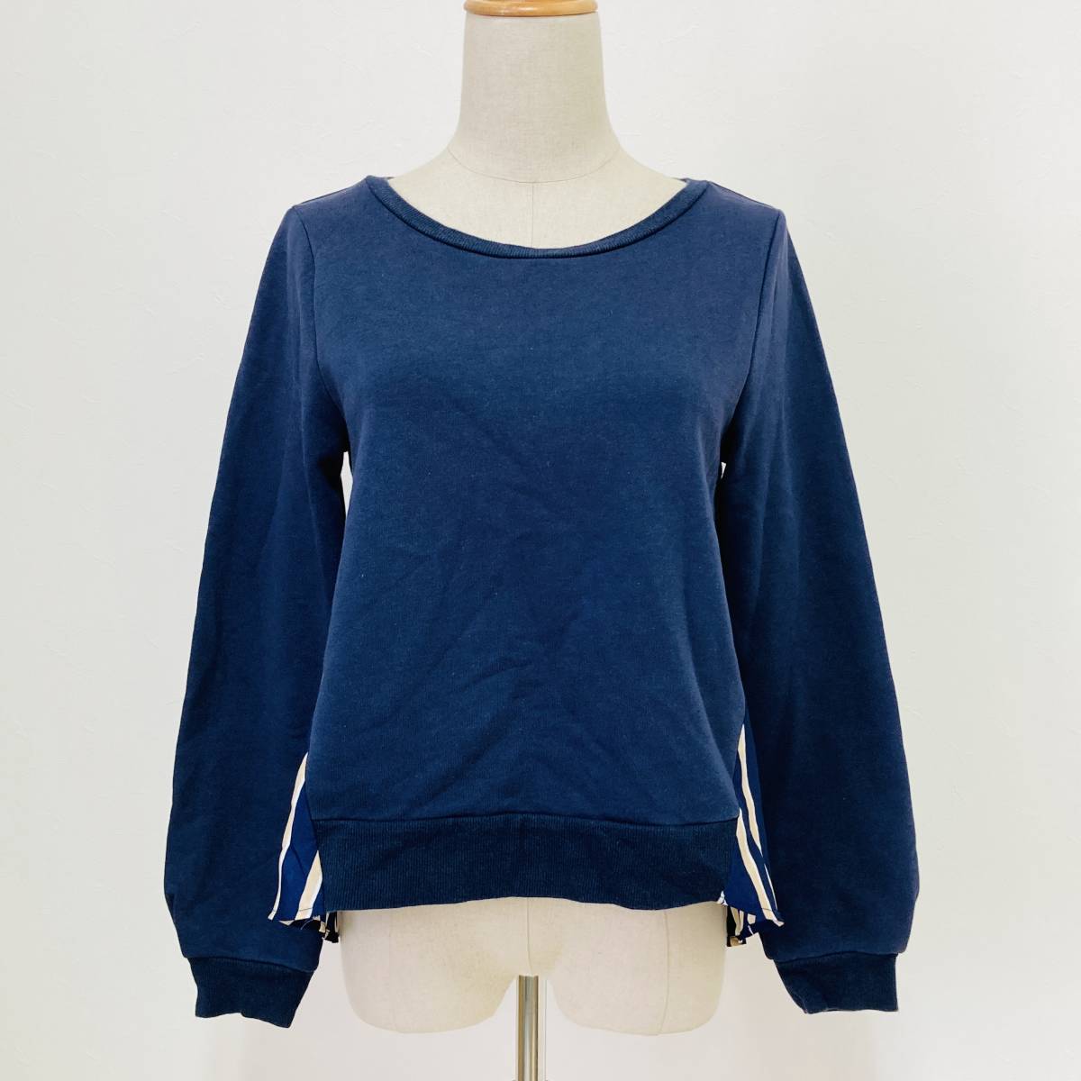 YH0014 美品 Andemiu アンデミュウ レディース カットソー 長袖 トップス 切替 ストライプ F 紺 白 上品 フェミニンフローラルスタイル拍卖