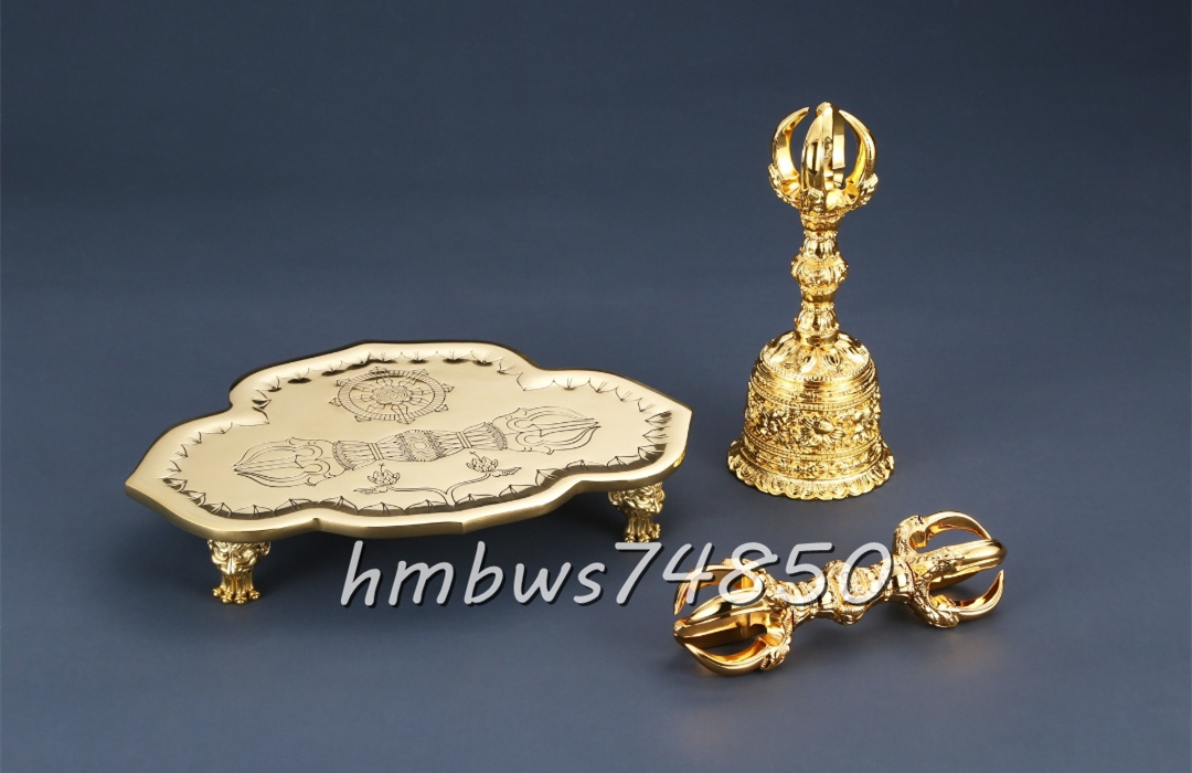 「密教法具 寺院仏具」極上品 真言宗 五鈷杵/五鈷鈴/金剛盤 3点 仏教工芸品 筋彫り 真鍮製 24K 金メッキ加工 1つも販売可/ご質問を拍卖