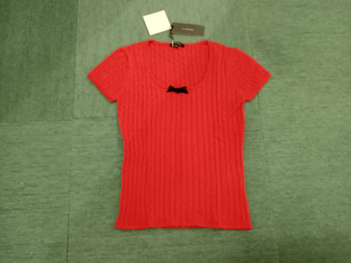 未使用 【定価10,290円】 VIERGE ヴィエルジュ サマーニット 半袖ニット レディース レッド 毛100% リボン タグ付き 38 送料230円拍卖