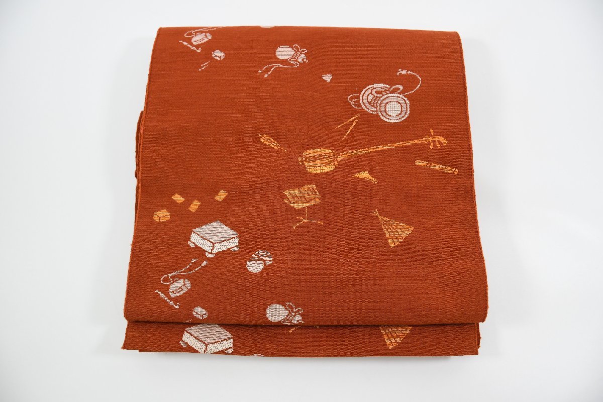 袋名古屋帯 松葉仕立て 道具文様 帯丈338cm ★着物屋 ne-7074 桜庭呉服店拍卖