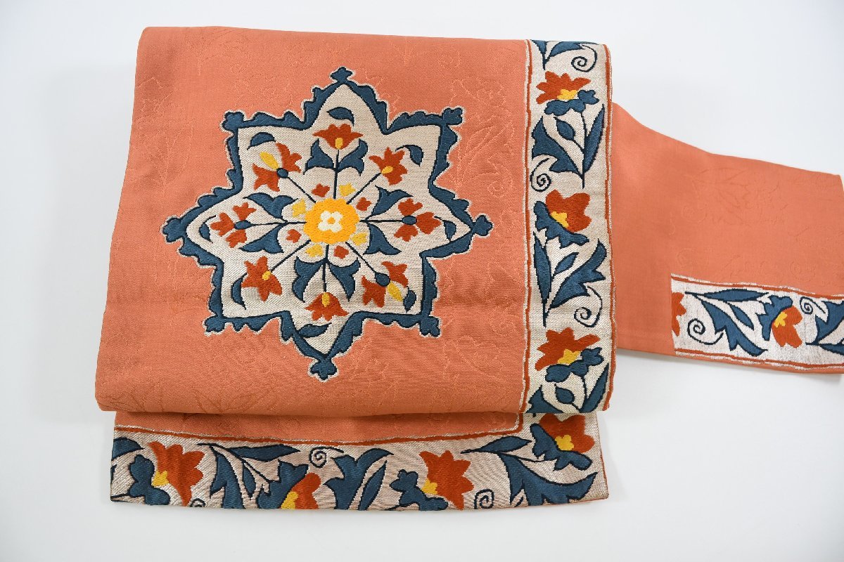 名古屋帯 アンティーク 花 秋草 帯丈340cm ★着物屋 ne-7212 桜庭呉服店拍卖