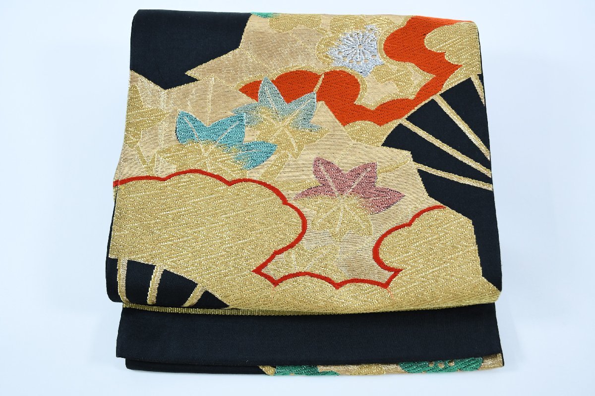 袋名古屋帯 六通柄 扇子 金糸 帯丈404cm ★着物屋 ne-7500 桜庭呉服店拍卖