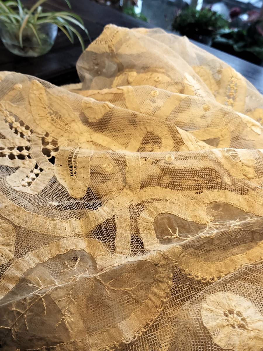 フランスアンティーク 素敵なチュール レース お花模様 大きいな ストール 長さ 3M19世紀!拍卖