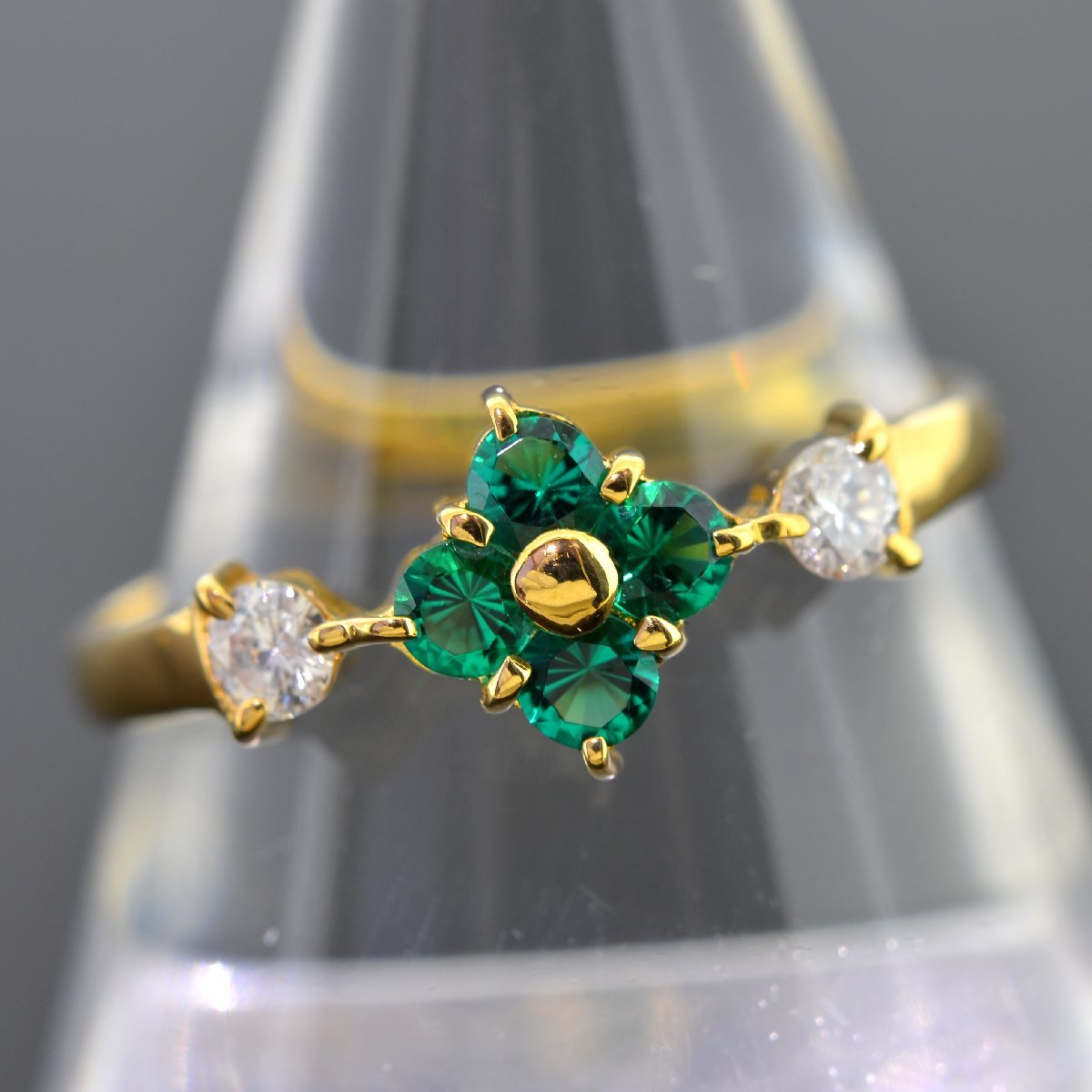 M1845【BSJBJ】京セラ クレサンベール K18 イエローゴールド エメラルド0.20ct 天然ダイヤモンド0.12ct リング フラワー 花 指輪拍卖