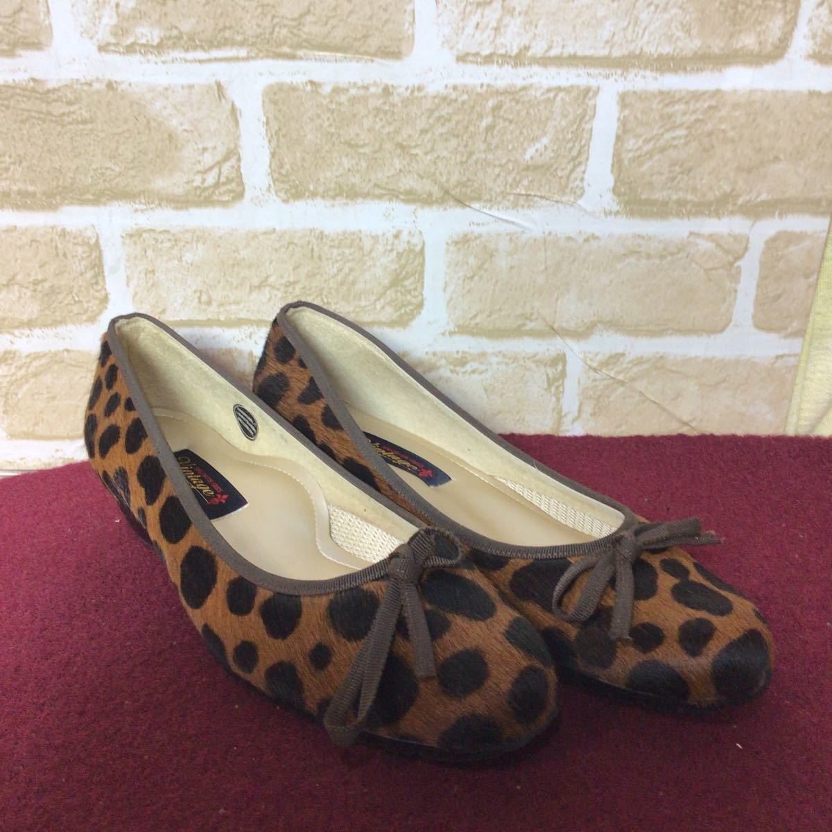 【売り切り!送料無料!】A-129 vintage!ハラコパンプス!24.0EEE!ヒョウ柄!ブラウン!ブラック!リボン!未使用!中古!拍卖