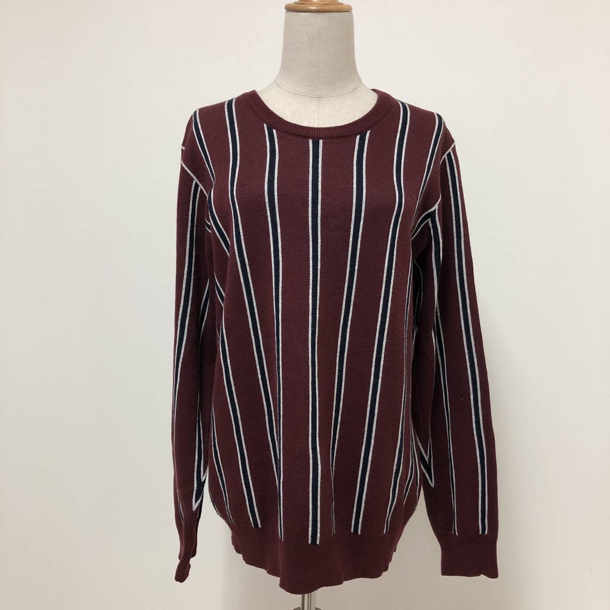 k2815 美品 RAGEBLUE レイジブルー ニット 長袖 綿混 秋 冬 M ワインレッド ストライプ メンズ シンプル ベーシックカジュアルスタイル 拍卖