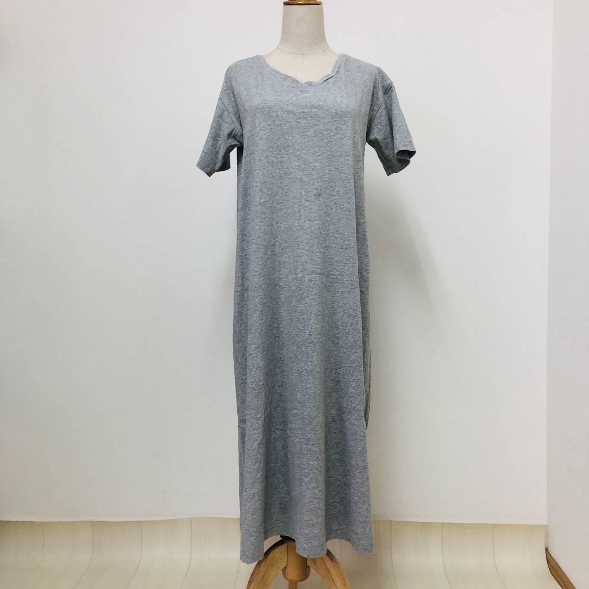 k2865 earth music&ecology アース ワンピース 半袖 ロング 綿100% Vネック 薄手 F グレー 無地 レディース ベーシックカジュアルスタイル拍卖