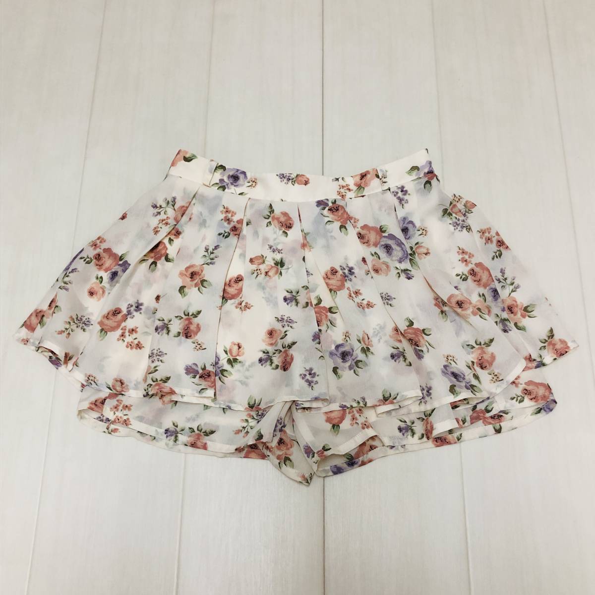 k3016 美品 C.O.L.Z.A コルザ キュロットスカート ウエストゴム 透け感 裏地 M アイボリー 花柄 レディース キュートなスイートスタイル 拍卖