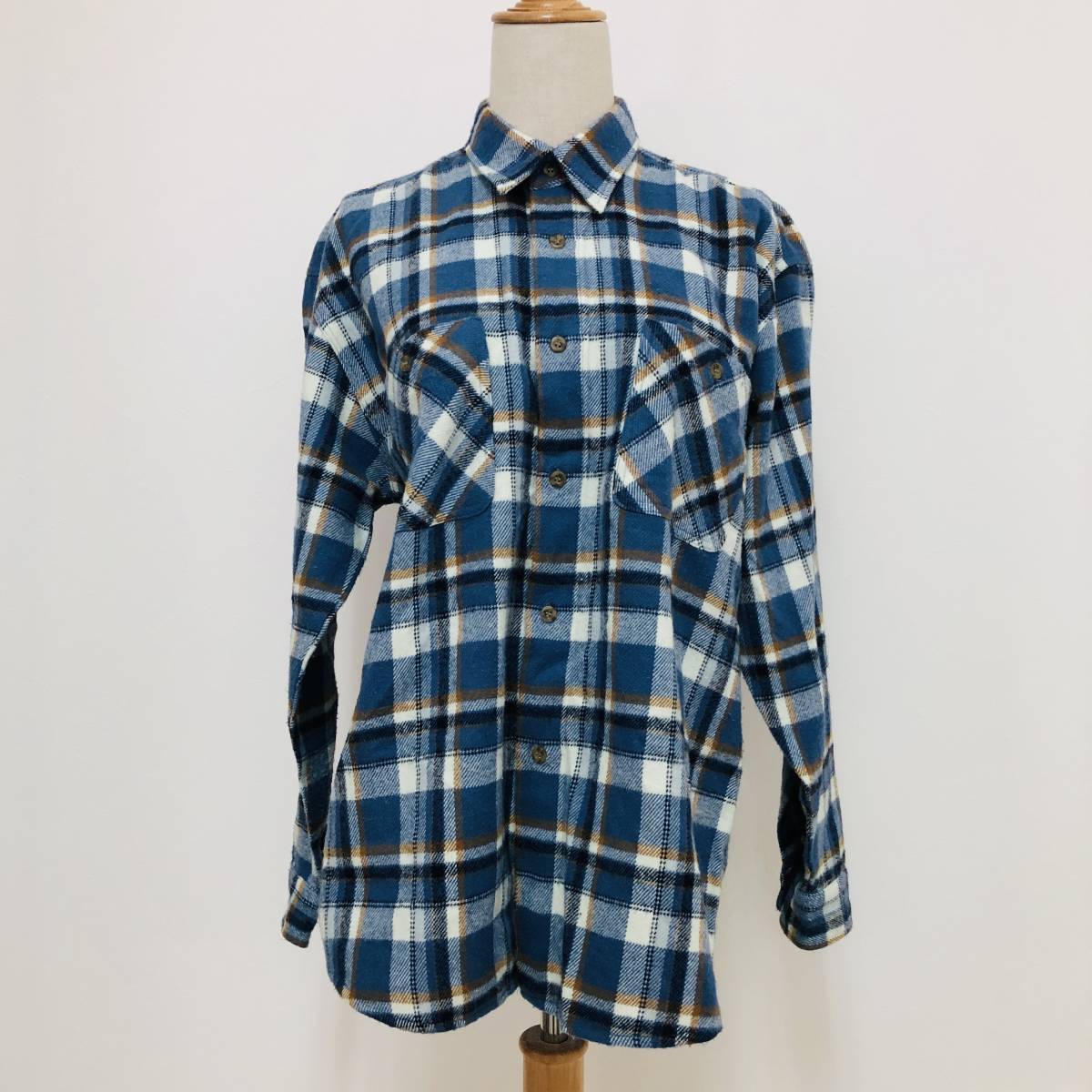 k3073 美品 PENNY WORTH ペニーウォース メンズ シャツ 長袖 胸ポケット チェック柄 お洒落 M 青 万能 上品 ベーシックカジュアルスタイル拍卖