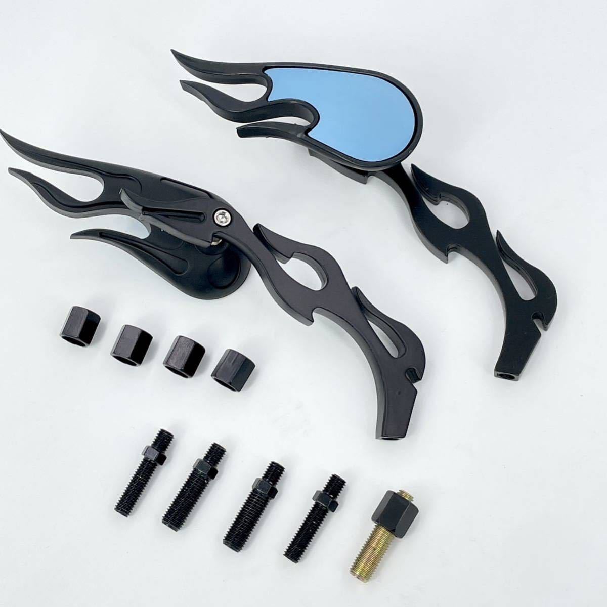 ブラック☆フレイムデザイン ミラー 左右セット バイク アメリカン ハーレー sr400 チョッパー ボバー ykshopb拍卖