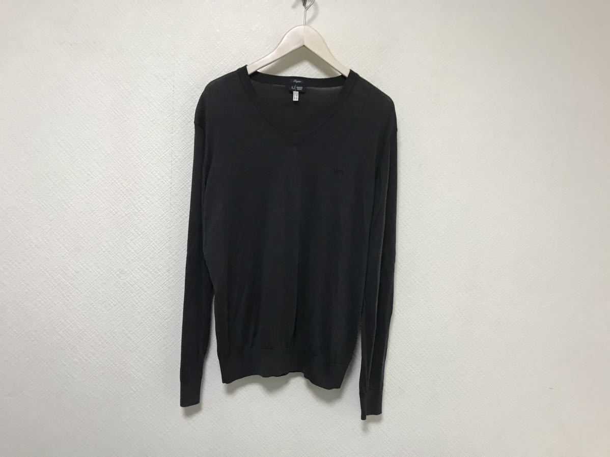 本物アルマーニジーンズARMANI JEANSコットンニットVネックロゴ刺繍長袖セーターメンズサーフアメカジビジネススーツSグレーチュニジア製拍卖