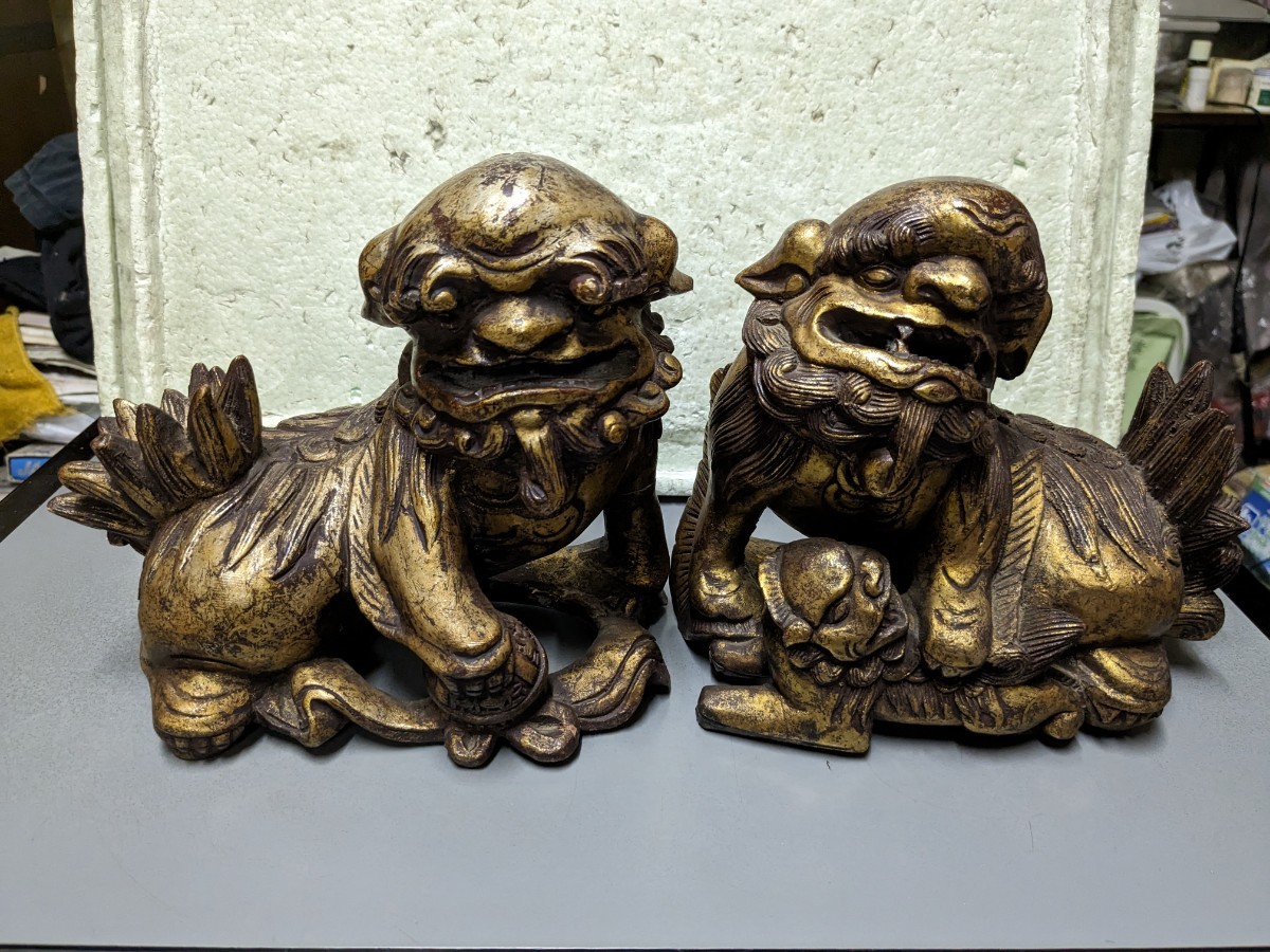 古 中国 獅子 狛犬 木彫り 置物 魔除け 古玩美術拍卖