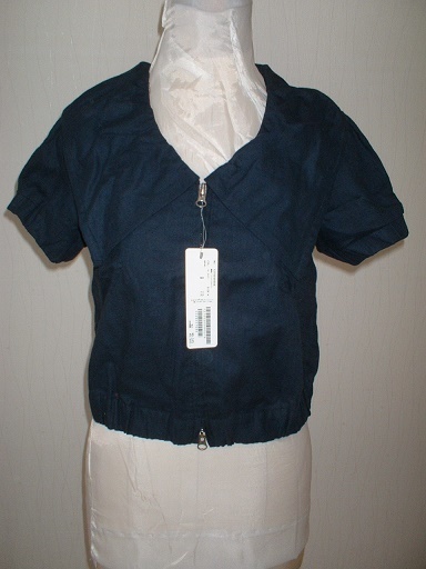 cl 未使用☆即決♪ideal closet ネイビー 紺 ビックネック 襟大きめ 後ろ結びリボン ジップアップ半袖シャツブルゾン 丈短 麻綿 かわいい拍卖