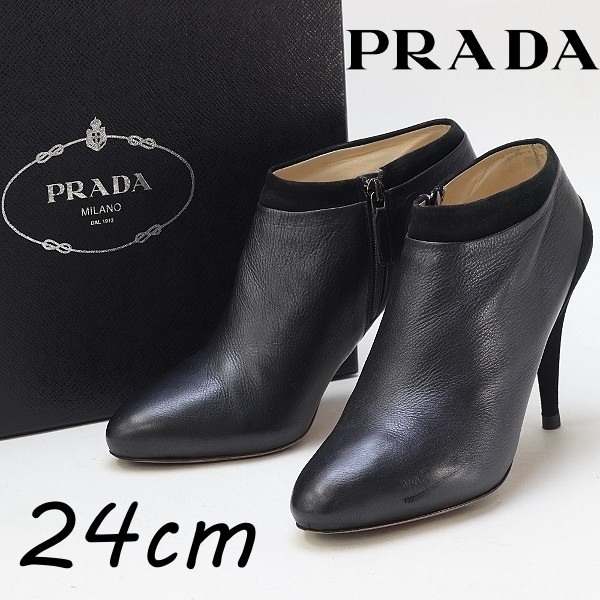 ◆PRADA プラダ レザー×スエード オーバルトゥ ヒール ブーティ ショート ブーツ 黒 ブラック 38拍卖