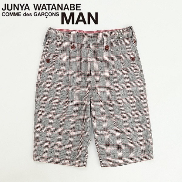 ◆ジュンヤワタナベ コムデギャルソン × エルヴィエ プロダクションズ リネン&シルク混 チェック柄 切替 タック ハーフ パンツ XS拍卖