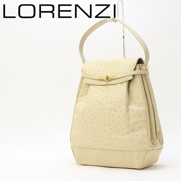 ◆LORENZI ロレンツィ オーストリッチレザー 2Way 肩掛け ショルダー ハンド バッグ クリーム拍卖