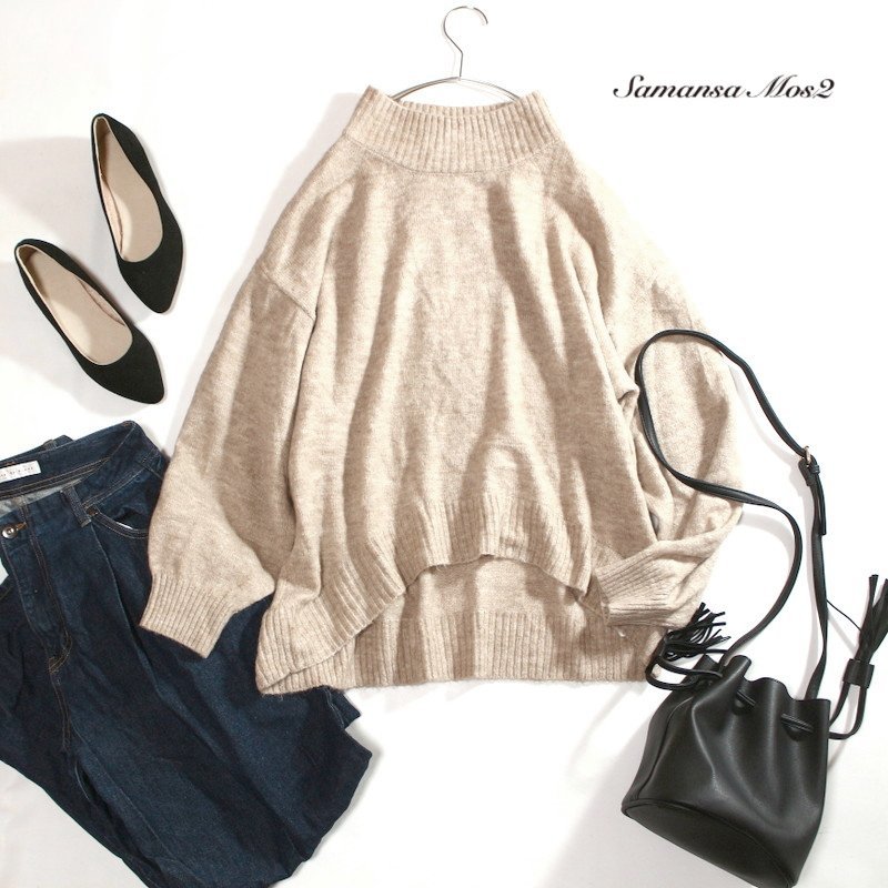 Samansa Mos2 サマンサモスモス 冬 厚手 ミックス ゆったり オーバーサイズ ニットセーター F ホワイト 白 グレージュ ベージュ拍卖