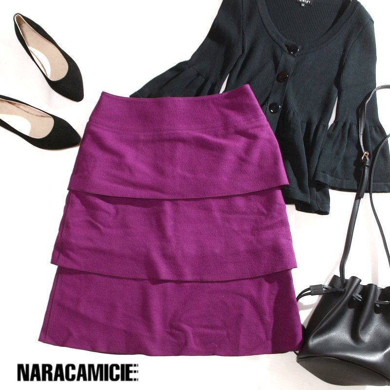 ナラカミーチェ NARACAMICIE ■ 秋 冬 2way 圧縮フール テアード ウールスカート 1 7号 パープル 紫 ビジネス フォーマル拍卖