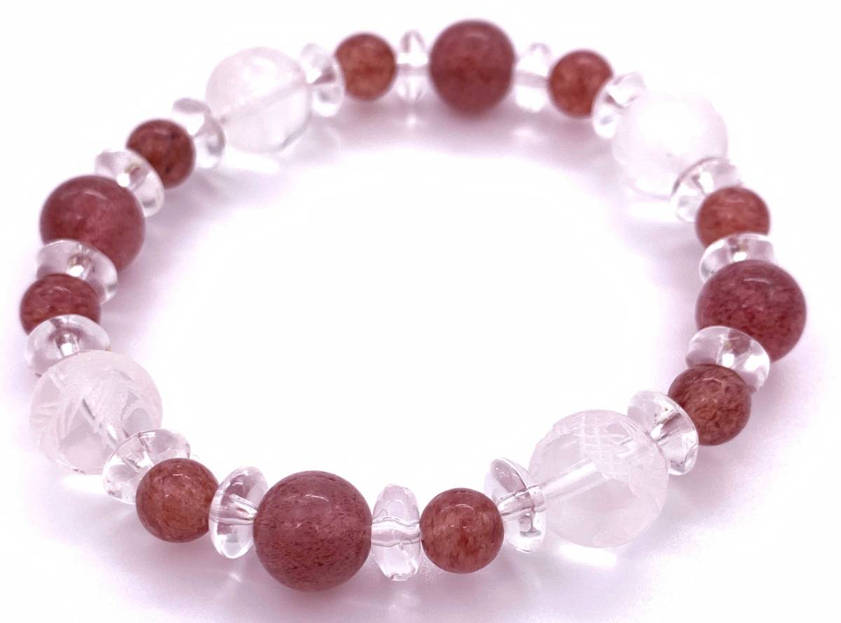 風水四神!天然石彫り水晶10mm玉&ストロベリークォーツAAのブレスレット拍卖