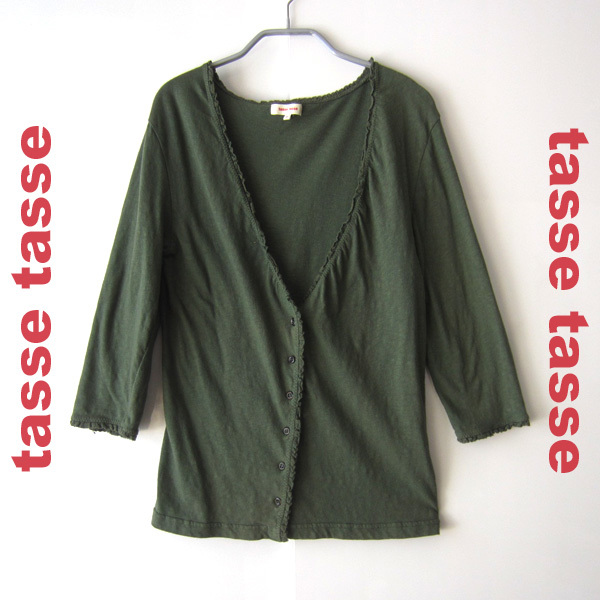 美品 tasse tasse/タスタス★ 薄手 七分袖カーディガン オリーブ拍卖