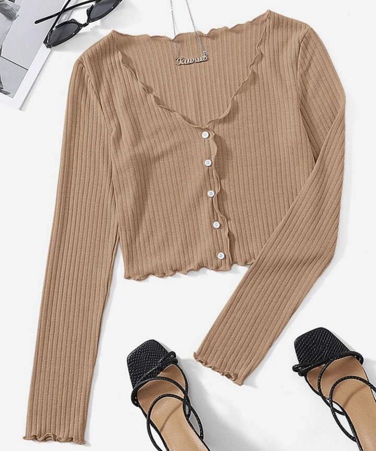 ☆ レタストリム クロップド カーディガン ニット セーター 長袖 ショート丈 へそ出し Vネック セクシー m l ベージュ ブラウン 茶拍卖