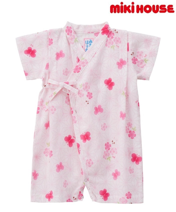 即決です【ミキハウス】新品未使用mikihouse サイズM 70cm-80cm うさこ ちょうちょ柄甚平オール 女の子 浴衣 着物 和装 ベビー 子供服 夏祭拍卖